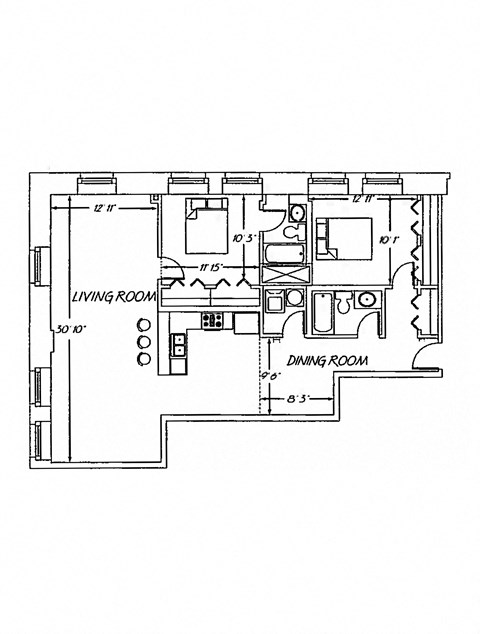 Floor plan for 2 beds, 2 baths, 1086 sqft